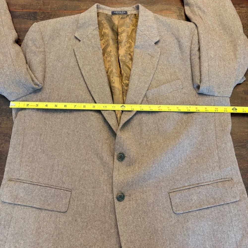 Adolfo Mens 44 Short Brown Herringbone 100% Lambswool Blazer Sport Coat Jacket